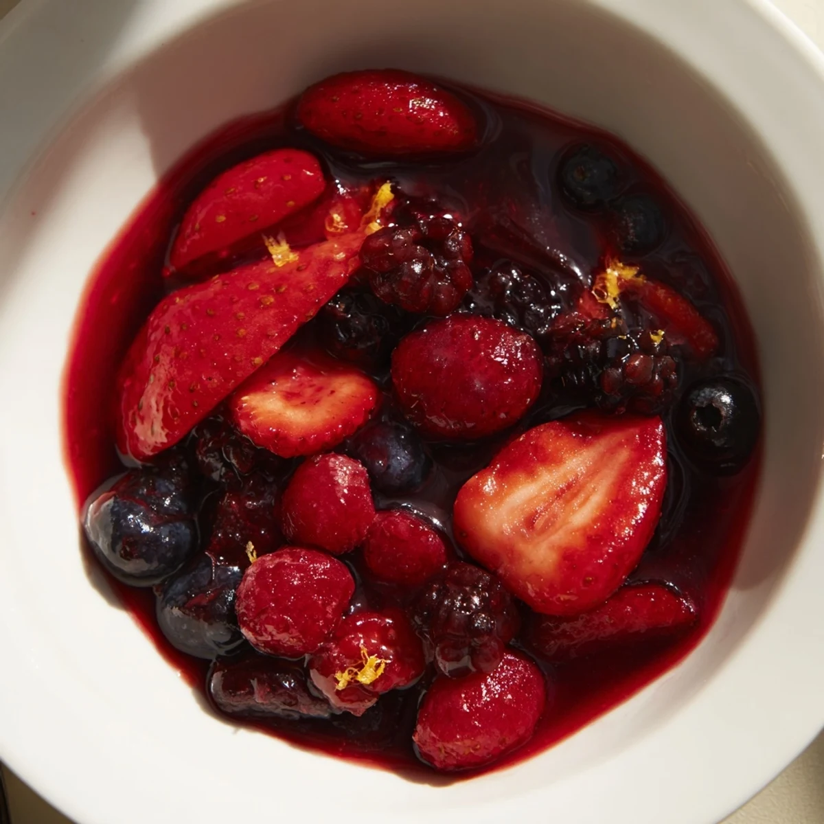 Ein verführerisches Rezept für warmen Beerencoulis, ideal zum Servieren über Pfannkuchen.  