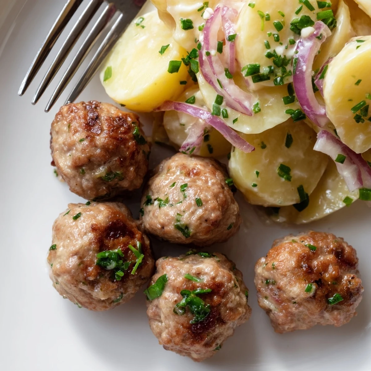 Herzhafte Fleischbällchen reich an Geschmack, serviert mit traditionellem deutschen Kartoffelsalat.