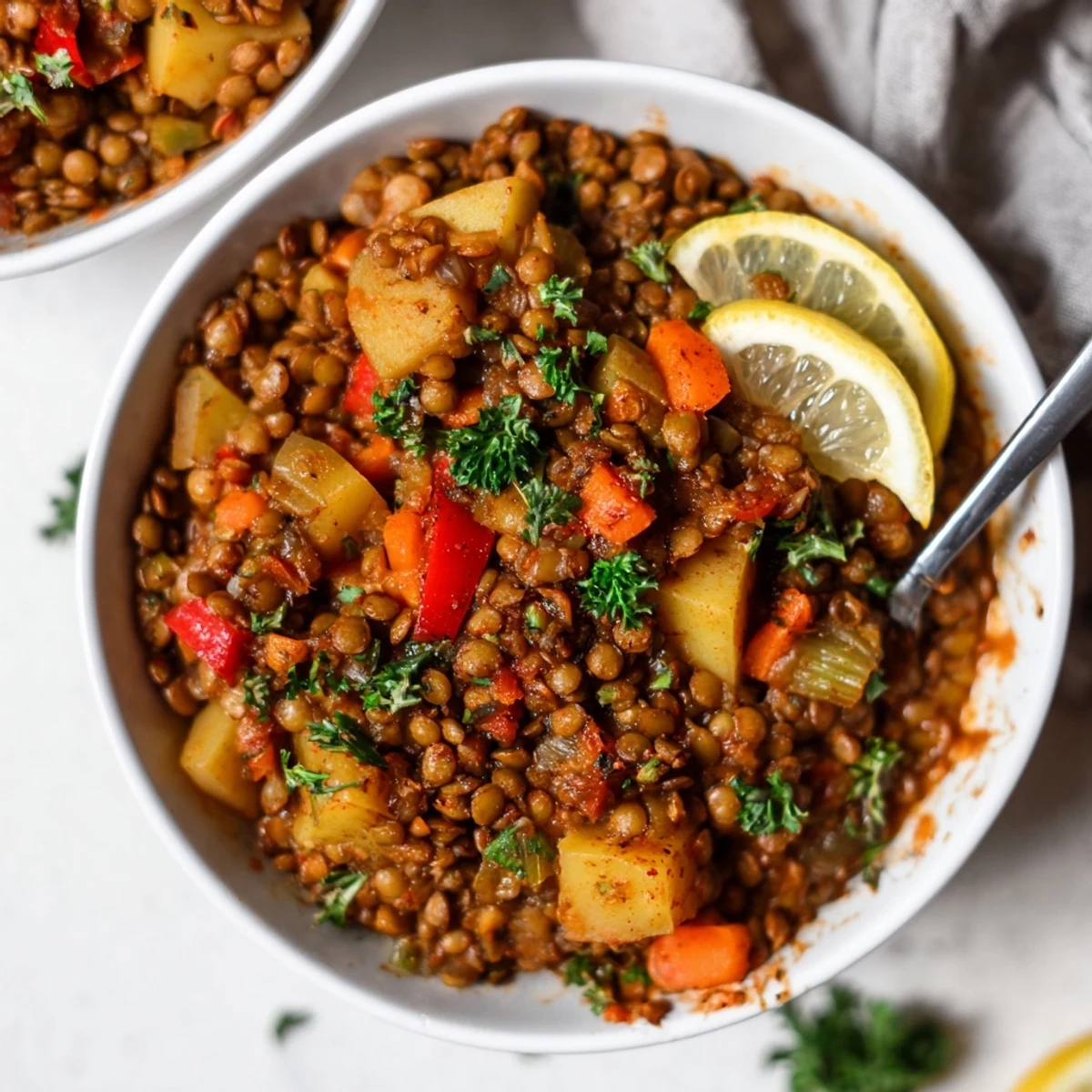 Einstimmung auf ein gemütliches Abendessen mit One-Pot-Linseneintopf und frischem Brot.  