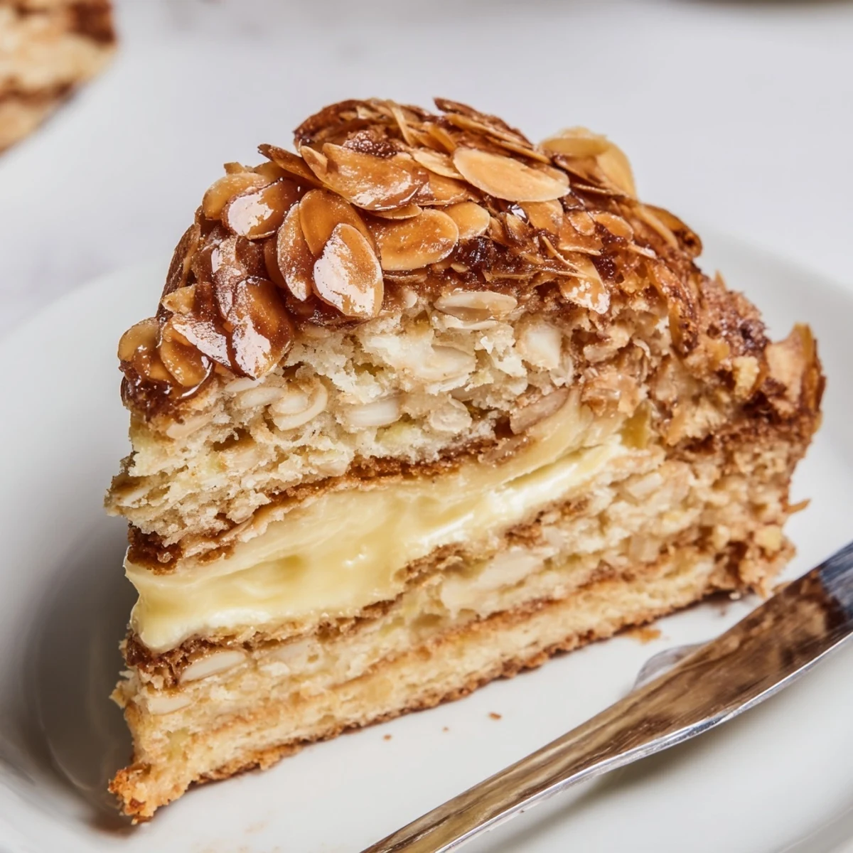 Ein Stück Bee Sting Cake, goldbraun, mit Mandel-Honig-Kruste und Vanillecreme.