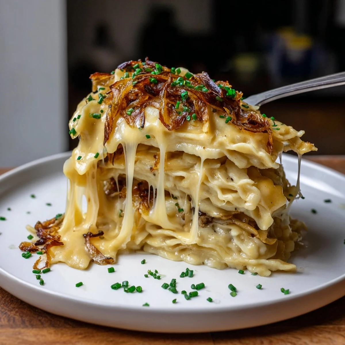 Leckere Käsespätzle, eine süßliche Nudelgericht mit geschmolzenem Käse und Zwiebeln.  