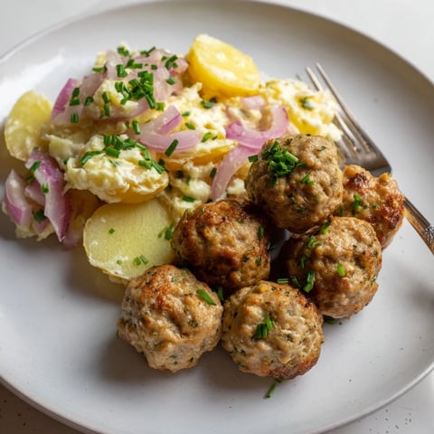 Saftige Fleischbällchen mit cremigem, würzigem Kartoffelsalat für ein herzhaftes Abendessen.