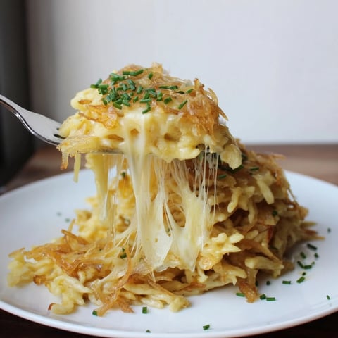Spätzle mit Käse, frisch gebacken, serviert mit goldbraunen Zwiebeln und Kräutern.  